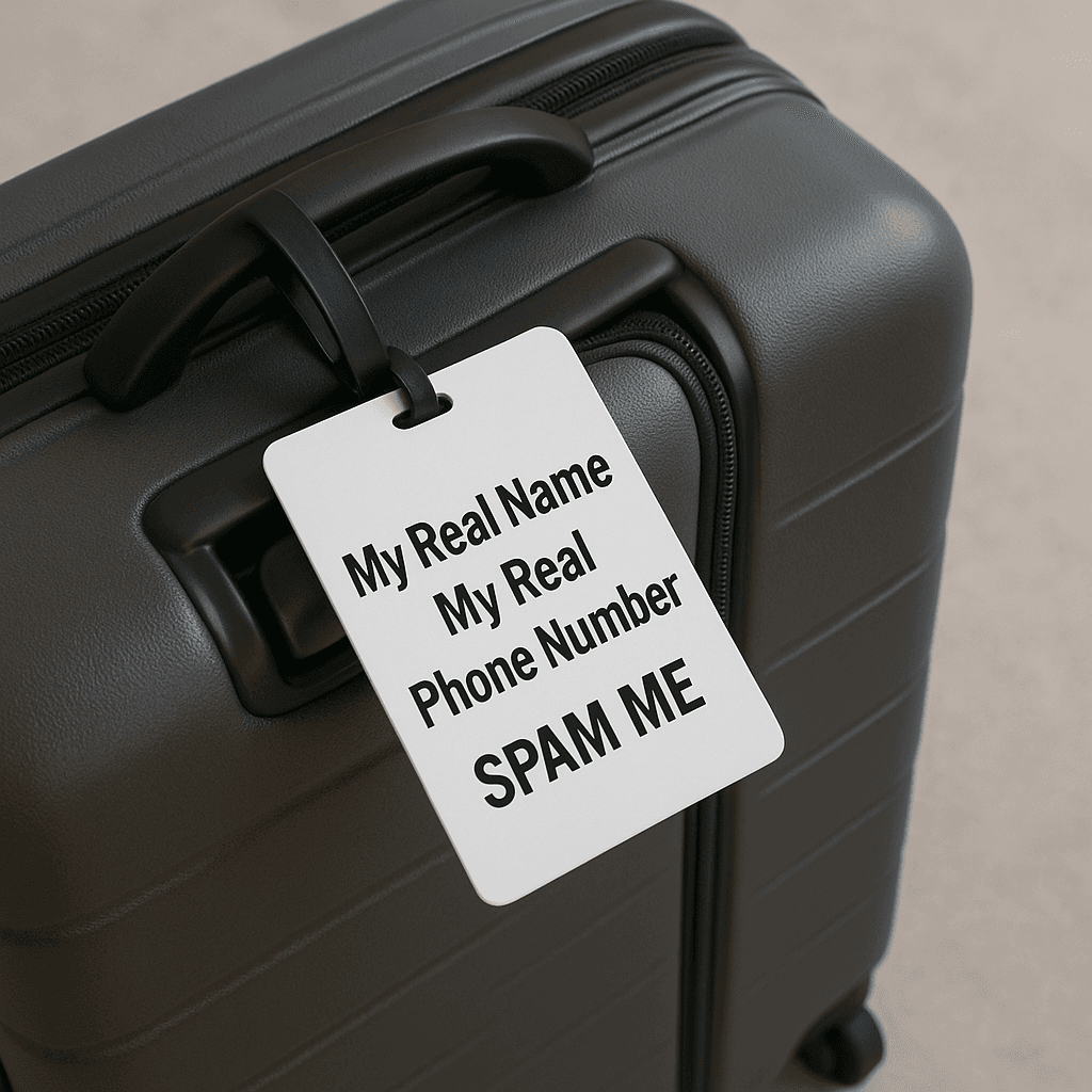 Luggage with luggage tag saying SPAM ME